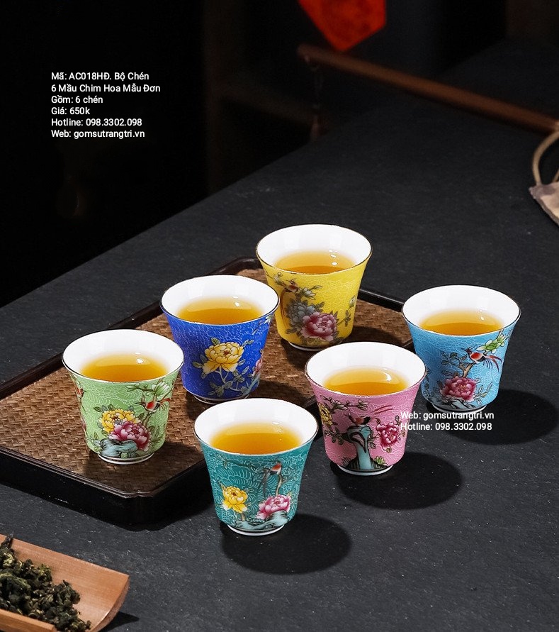 Bộ Chén 6 mầu Chim Hoa Mẫu Đơn